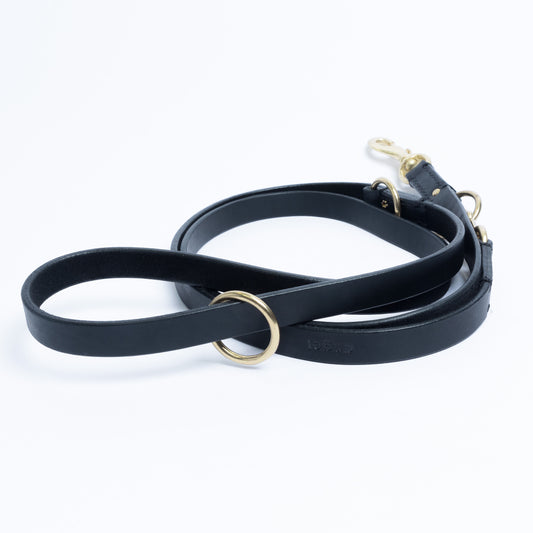 Black leather dog leash with gold hardware