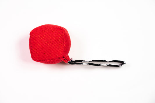 Red fabric cube toy with black and white strap