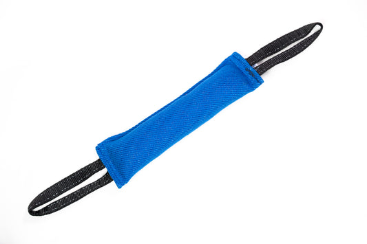Blue padded tug toy with black loops on each end