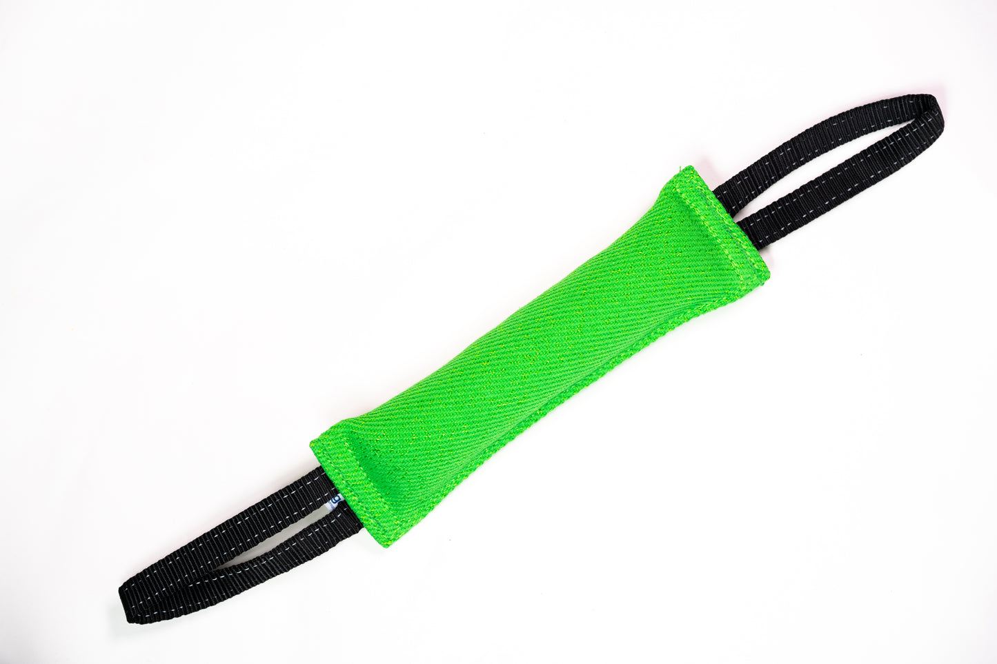 Green and black tug toy for dogs on a white background