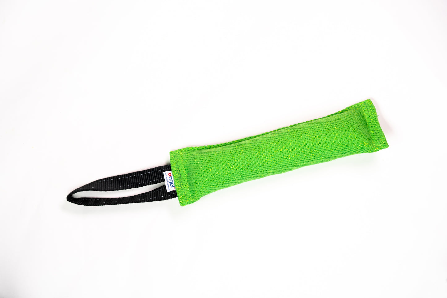 Green fabric tug toy with black handle on white background