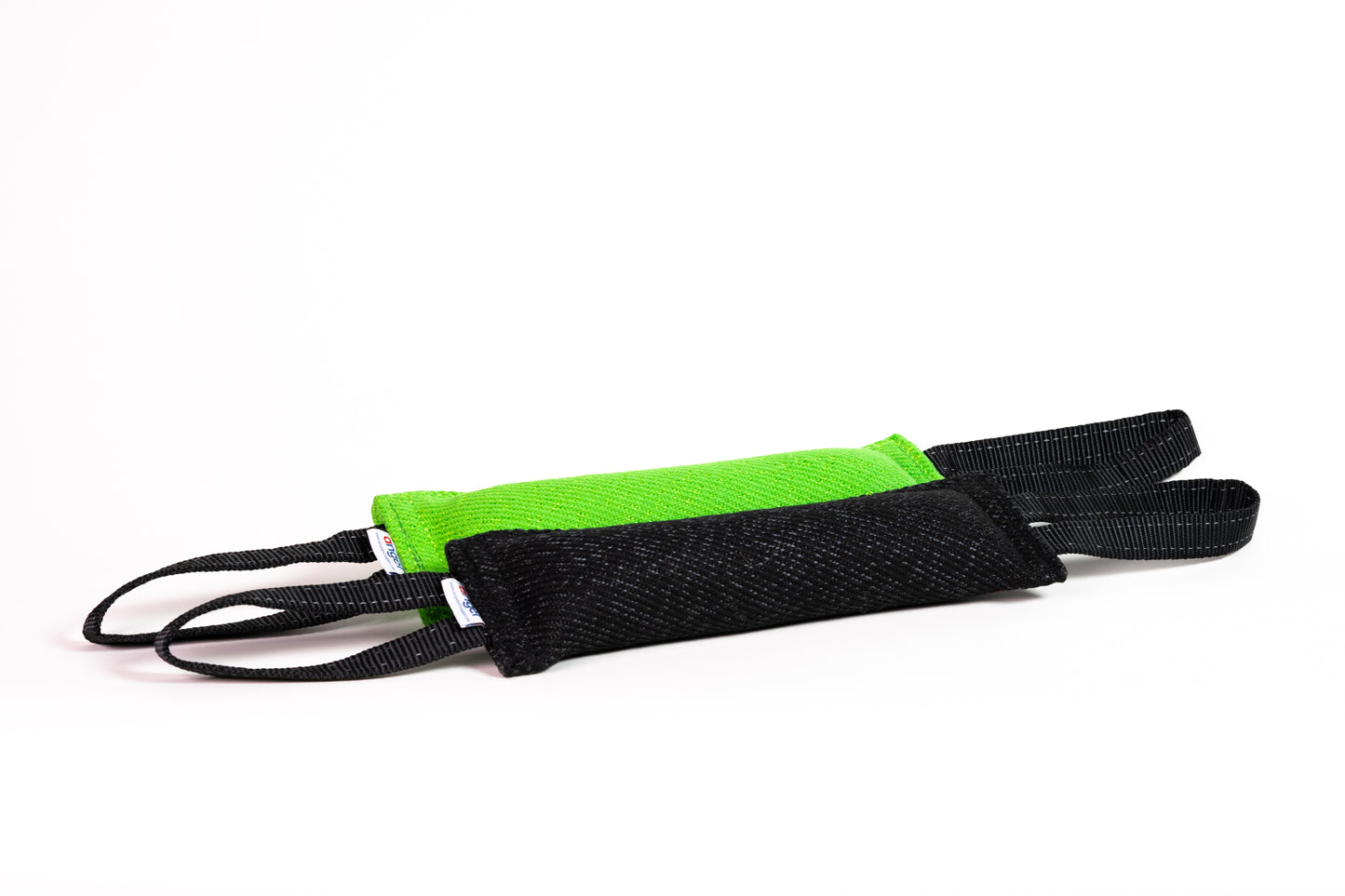 Black and green padded tug toys with straps