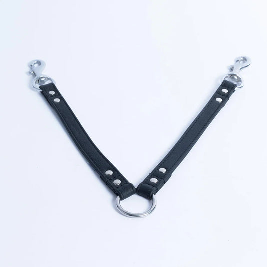 Black leather strap with metal hooks and ring