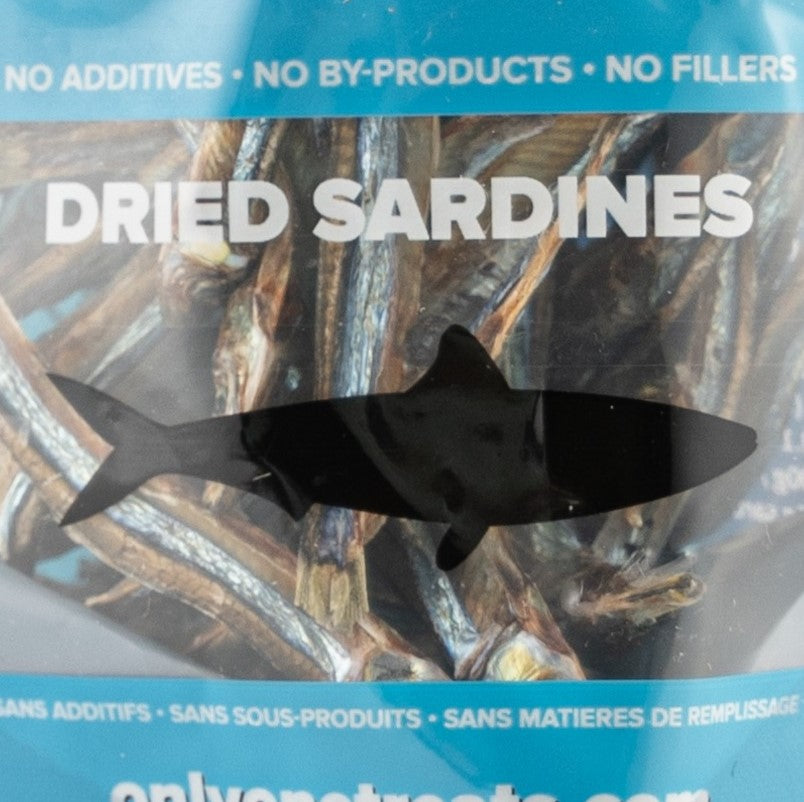 Package of dried sardines with fish silhouette on label