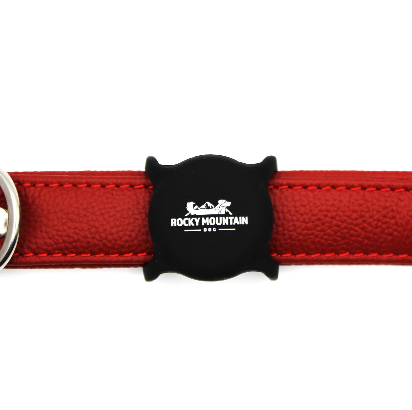 Red dog collar with Air Tag holder on it