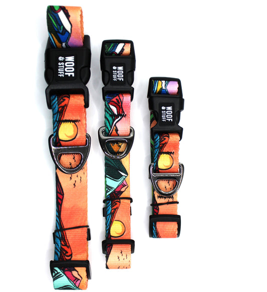 Three colorful dog collars in different sizes