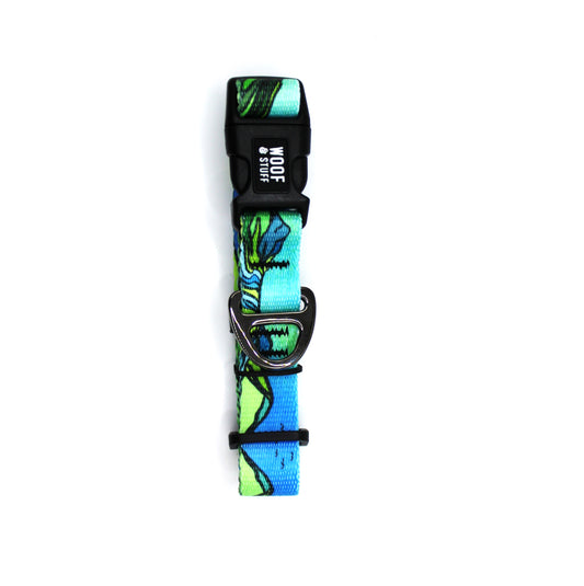 Colorful dog collar with abstract pattern and metal buckle