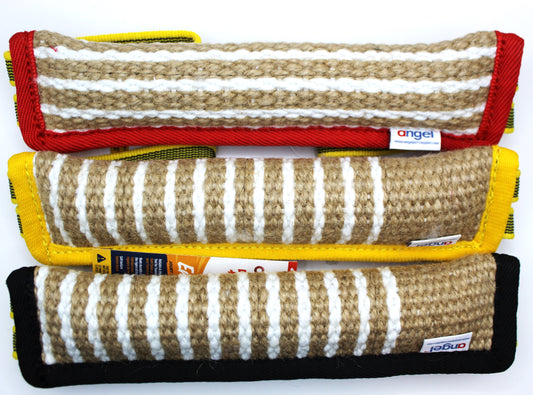 Three striped tug toys with different colored edges stacked together