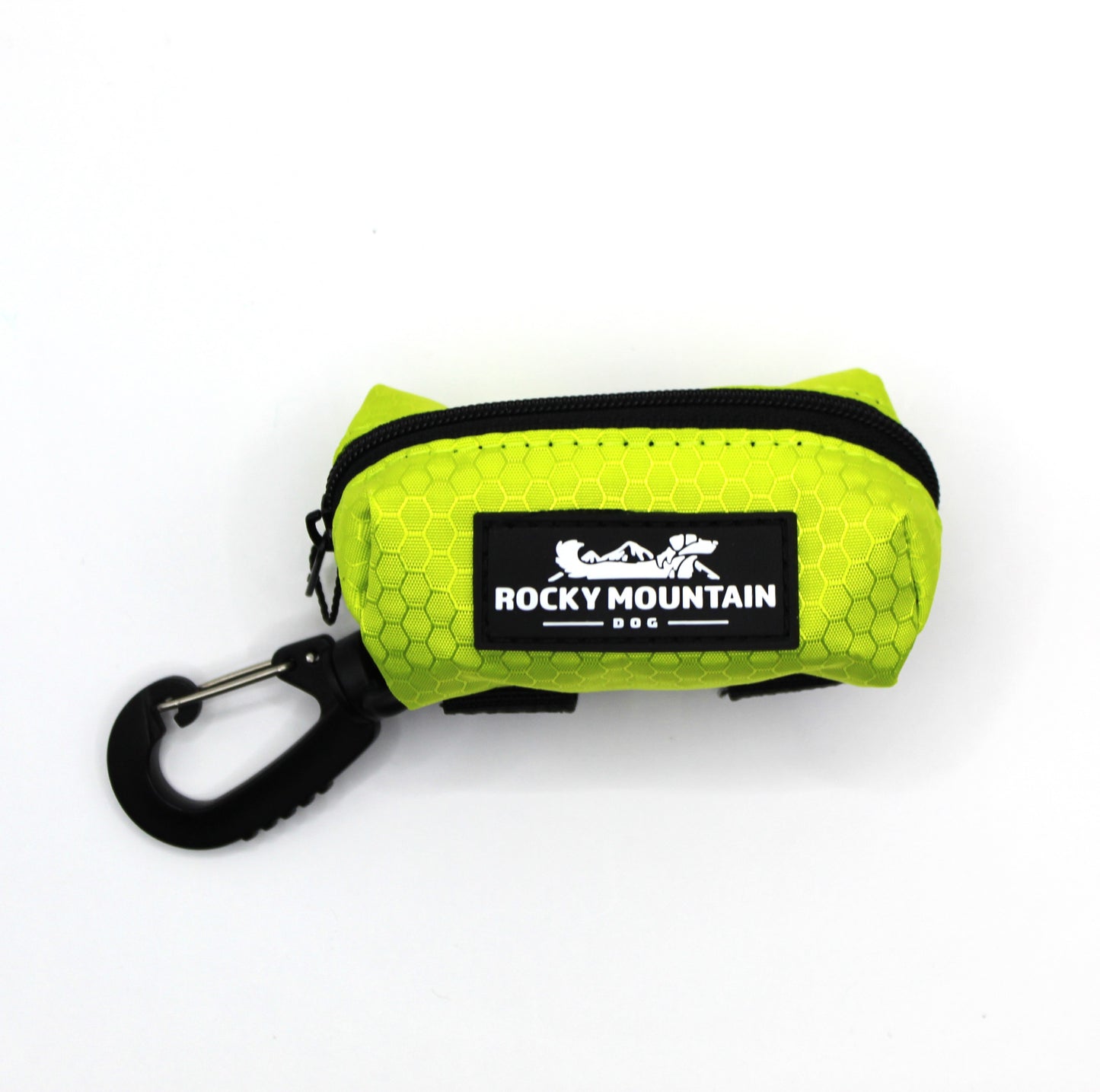 Lime green Rocky Mountain pouch with a carabiner clip.