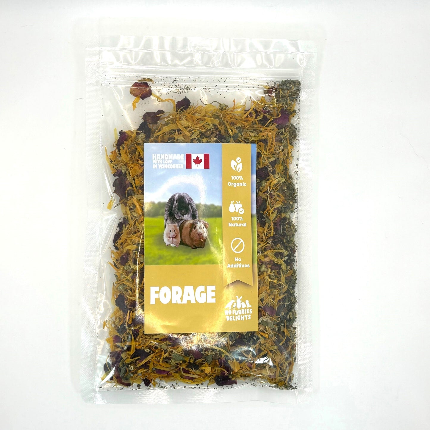Package of pet forage with Canadian flag and organic label