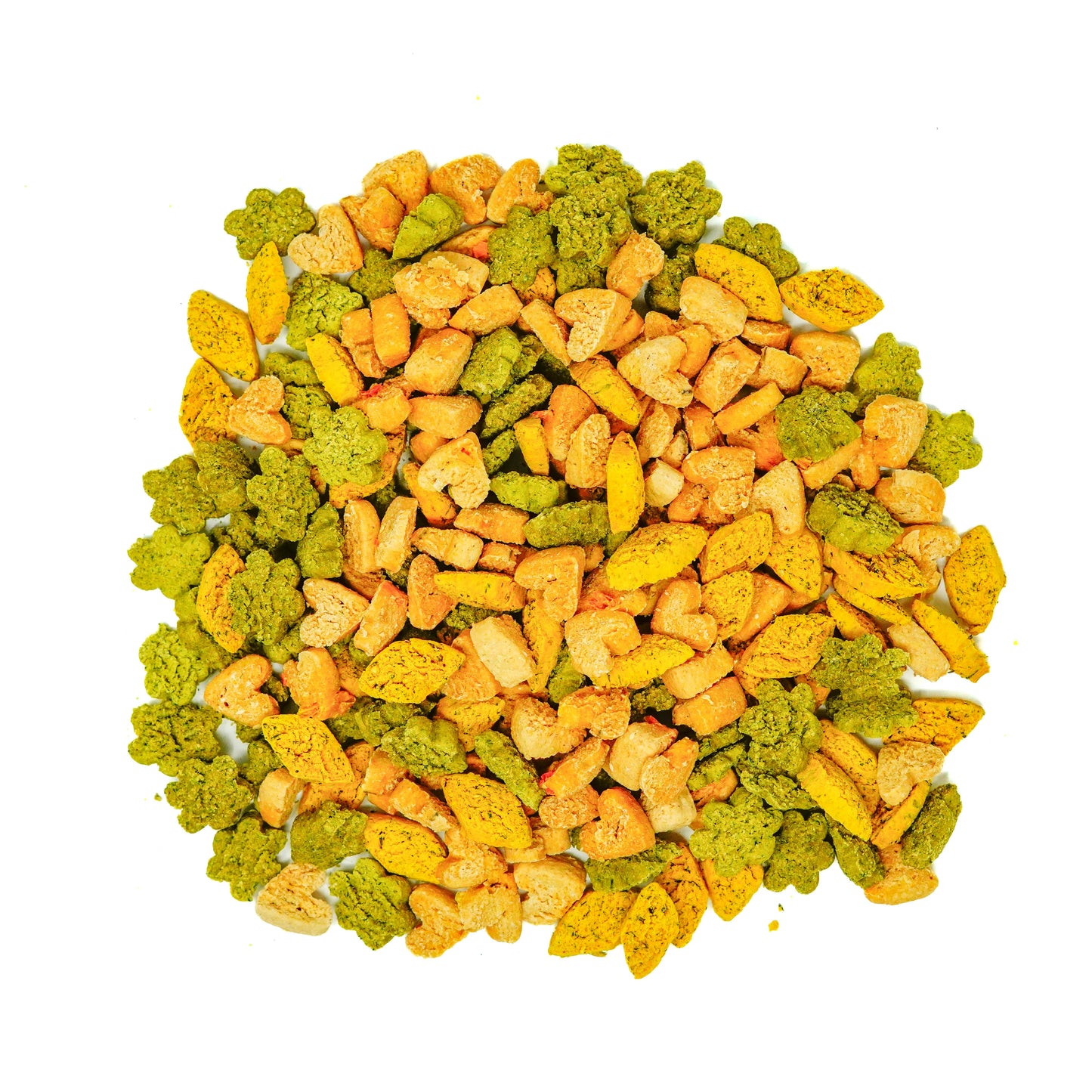 Close-up of colorful pet food pellets on a white background