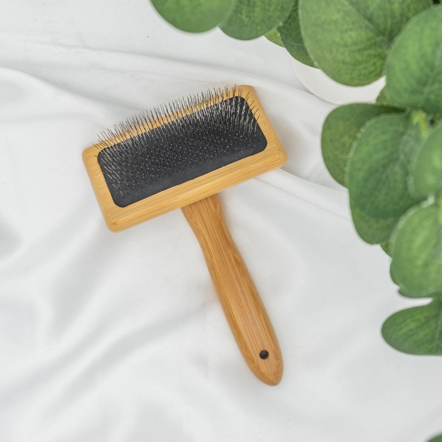 Pet brush for medium to long hair with wood handle