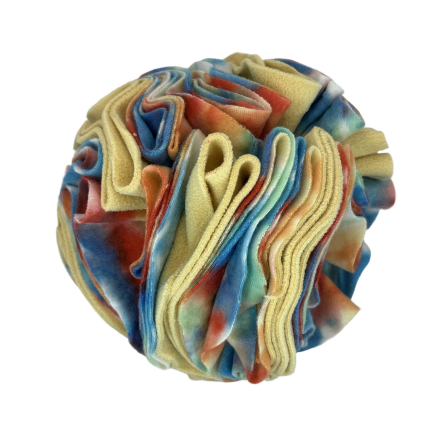 One snuffle ball with many fabric folds to hide treats