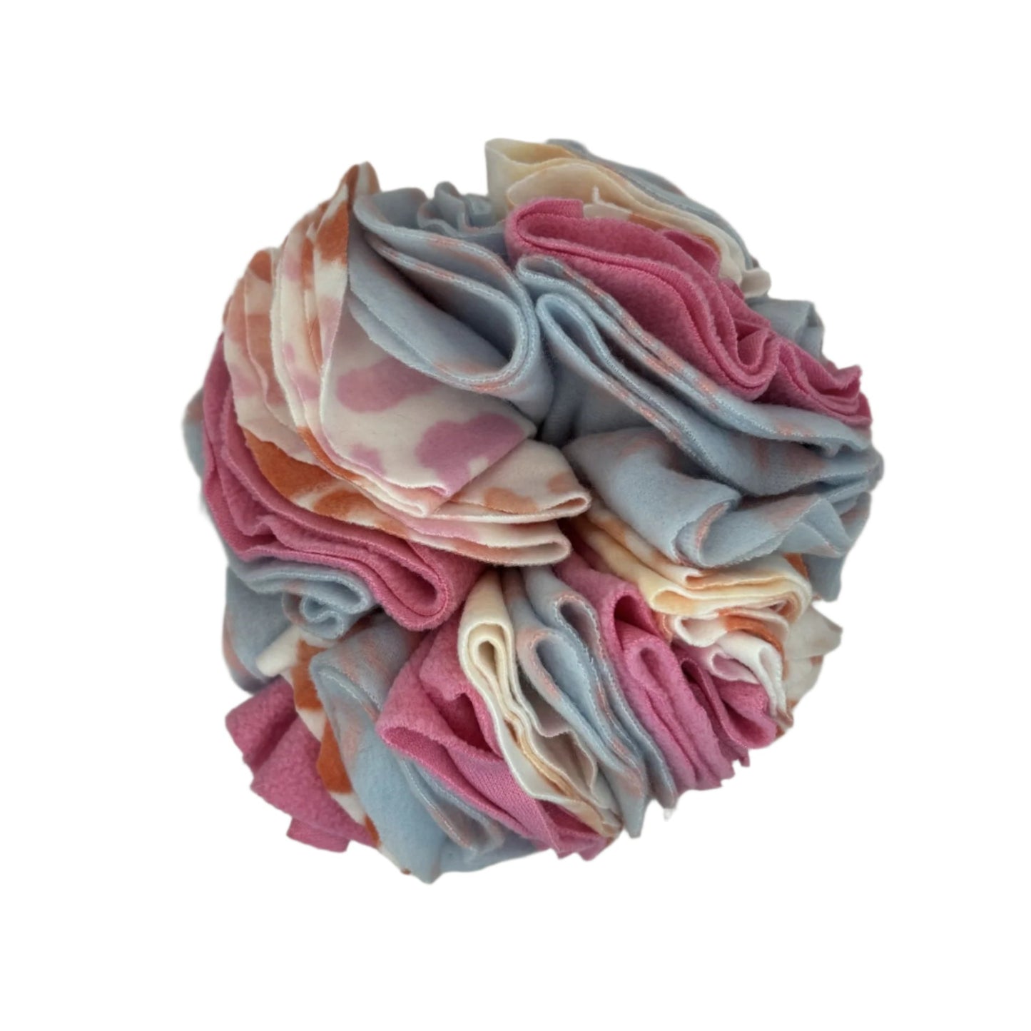 One snuffle ball with many fabric folds to hide treats