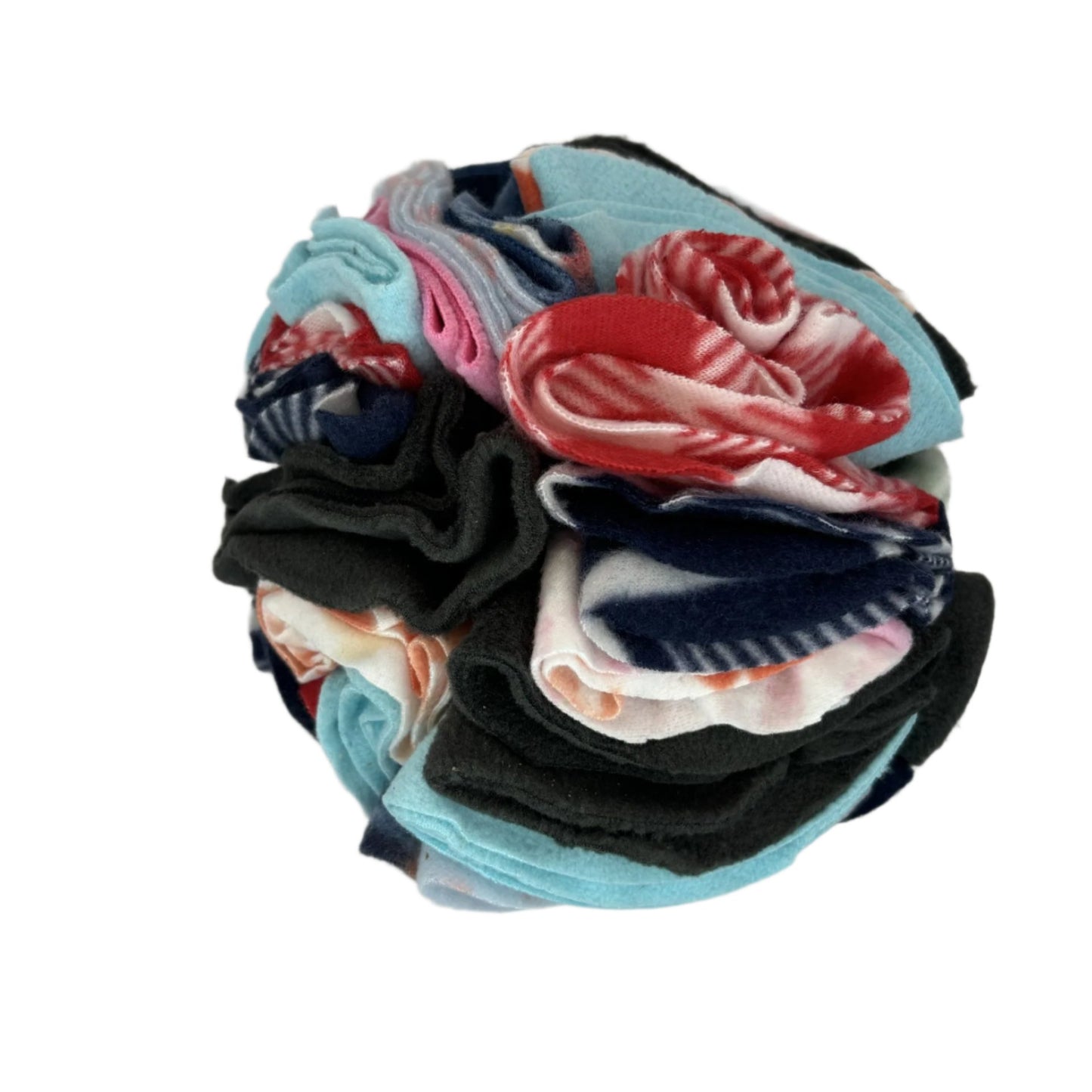 One snuffle ball with many fabric folds to hide treats
