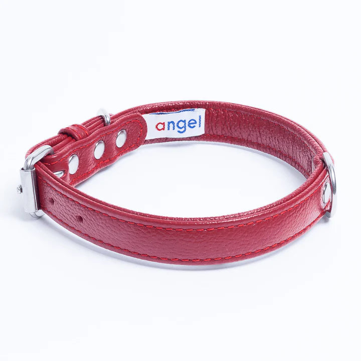 Red leather dog collar with metal buckle 