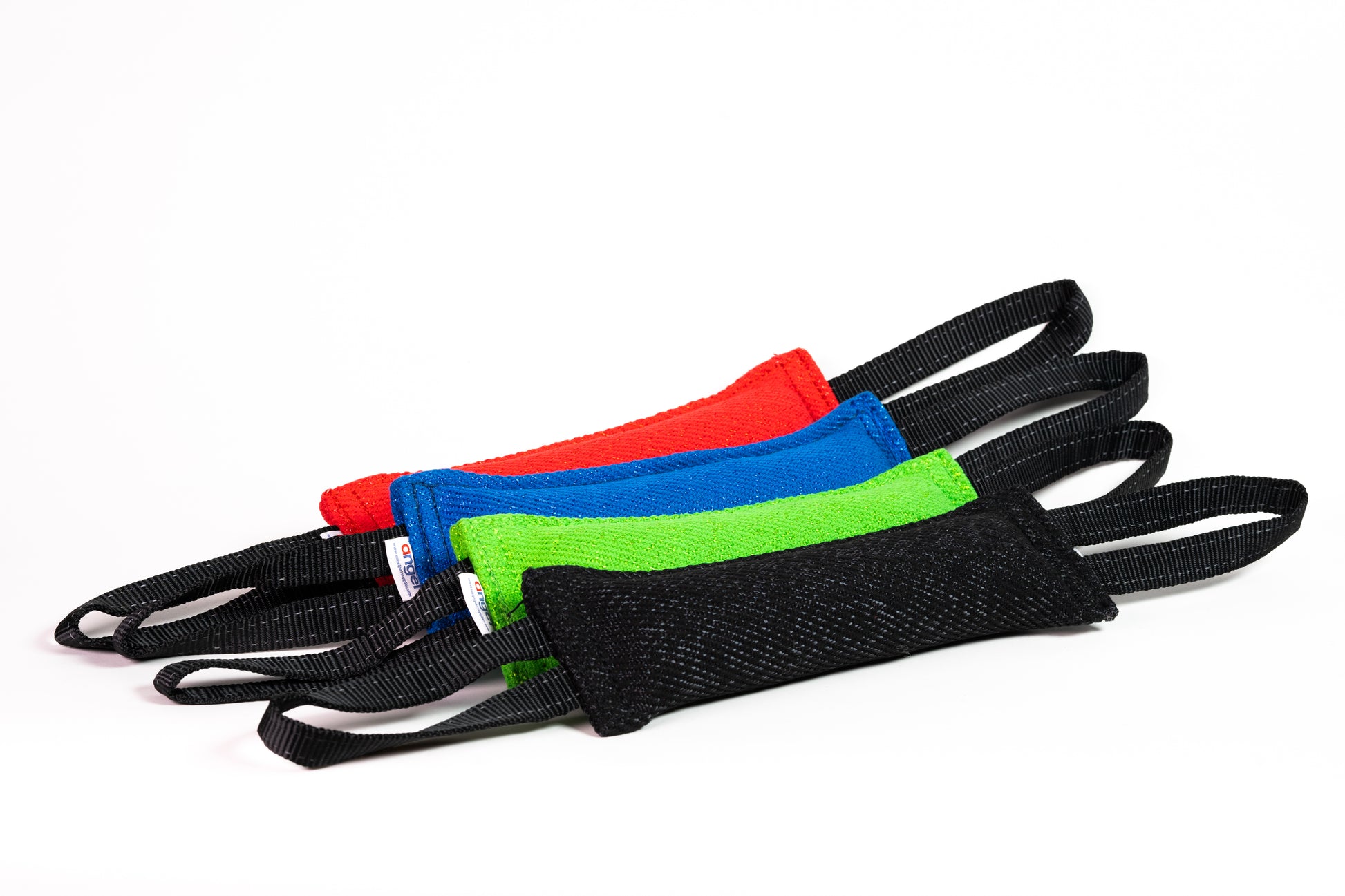 Row of colorful tug toys with loops